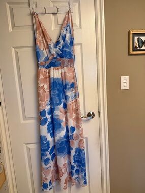 Printed Long Dress in Blue and Peach